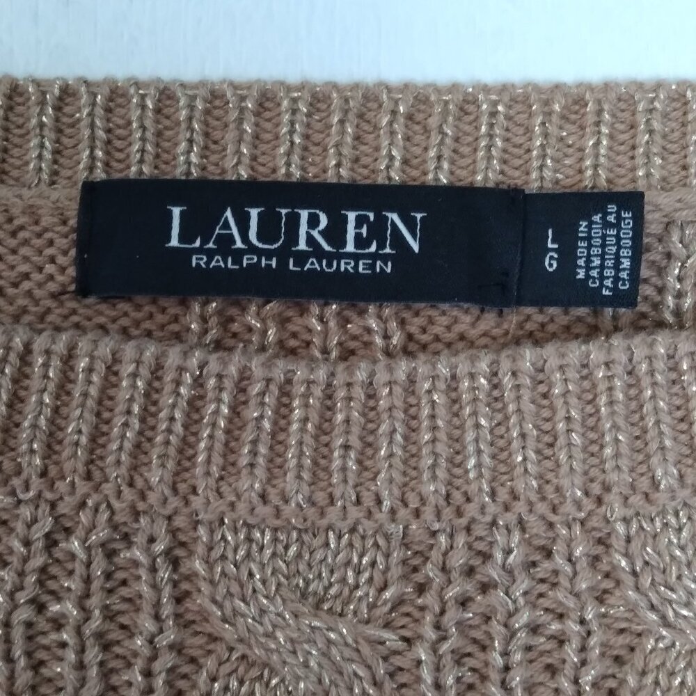 Metallic Gold 90% Woven in Cotton Cable Knit Boatneck Pullover Sweater Sz Lg - Picture 4 of 9
